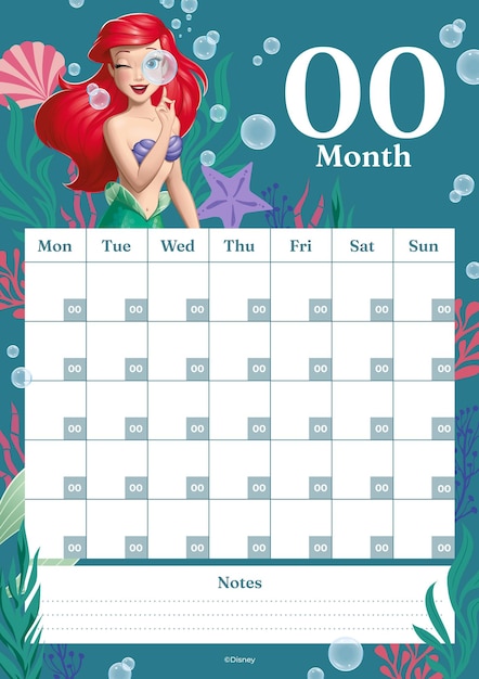 Calendario vertical mensual de las princesas de Disney