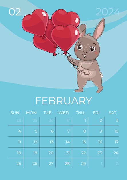 Vector calendario vertical para niños 2024 mes de febrero la liebre sostiene un montón de globos en forma de corazón