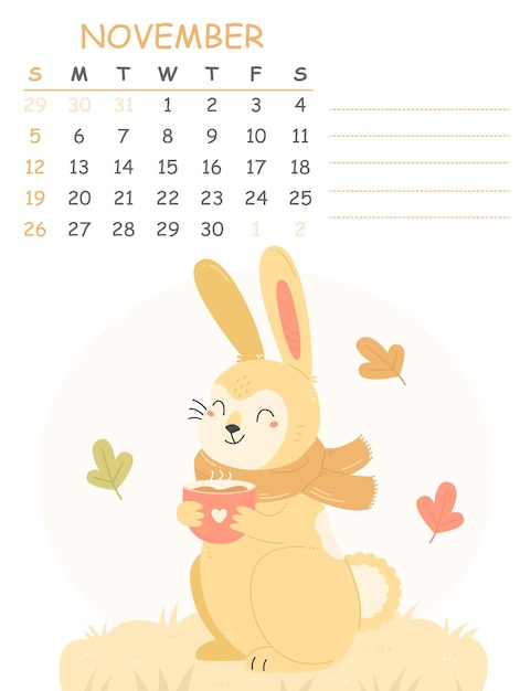 Calendario vertical de noviembre para 2023 con ilustración de lindo conejo en una bufanda con una taza de cacao