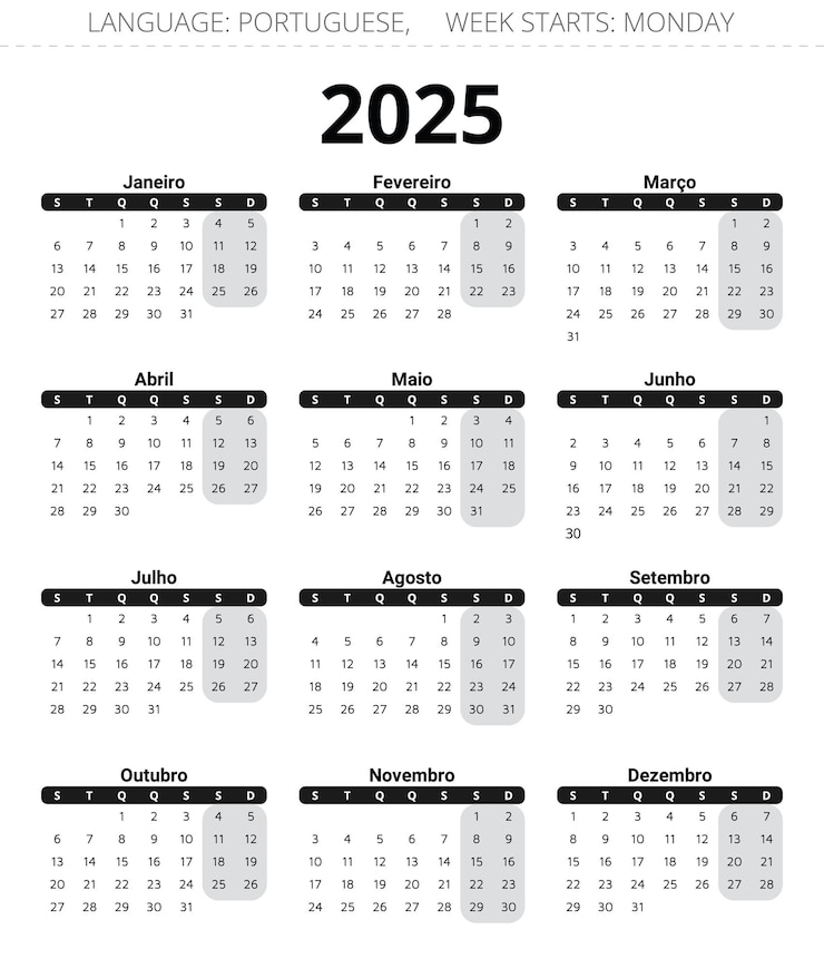 Vector calendario vertical portugués para el año 2025 ilustración vectorial impresible en colores oscuros para portugal