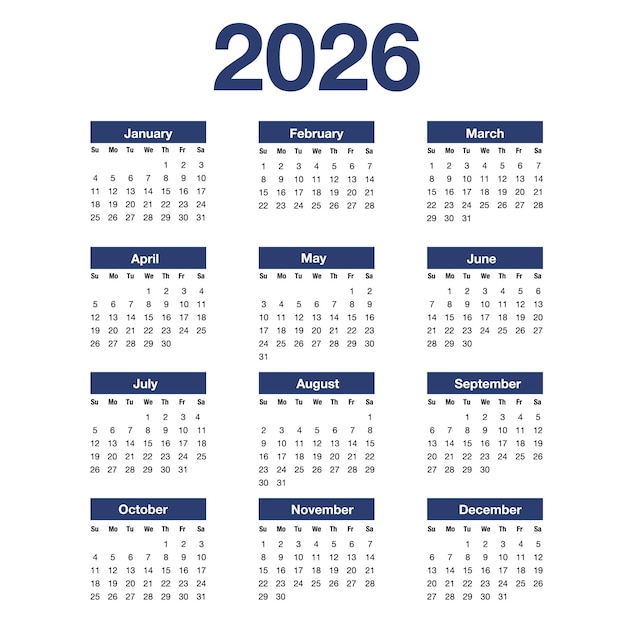 El calendario vertical simple para 2026 comienza el domingo.