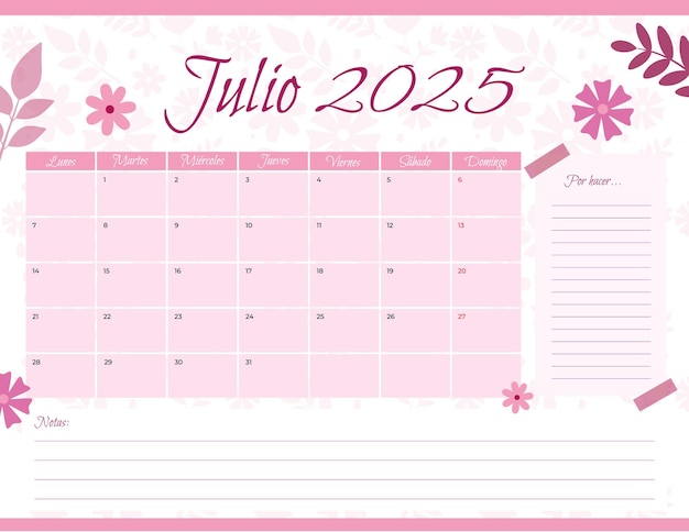 Calendarios Mensuales 2025 para Imprimir del mes de julio
