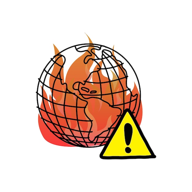 calentamiento global con señal de advertencia ilustración vectorial boceto dibujado a mano con líneas negras
