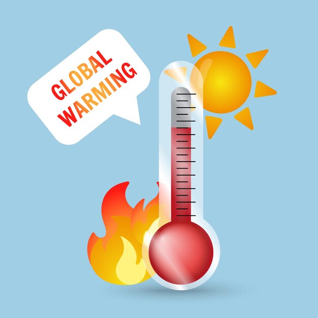 Vector calentamiento global con termómetro de fuego y sol en ilustración vectorial
