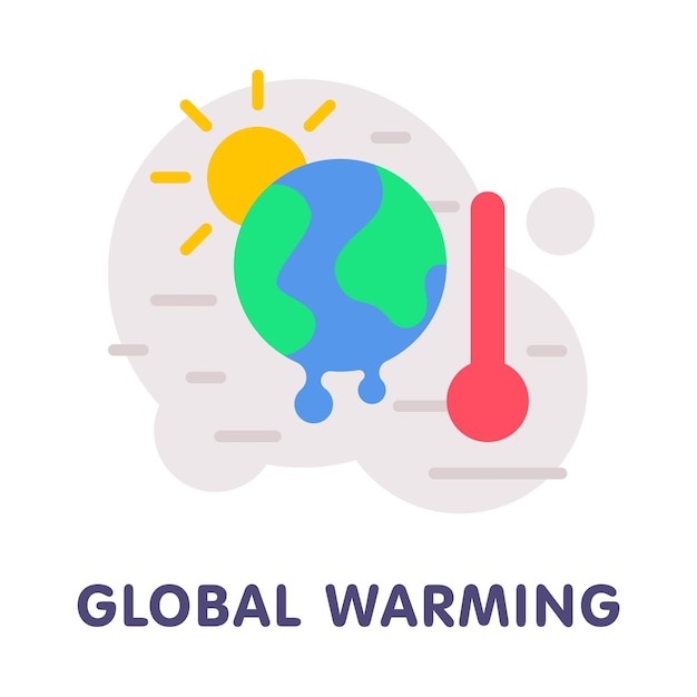 El calentamiento global con el termómetro rojo y el sol ardiente con el vector de la esfera de la tierra derretida