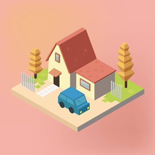 Vector cálida casa isométrica con coche y árbol.