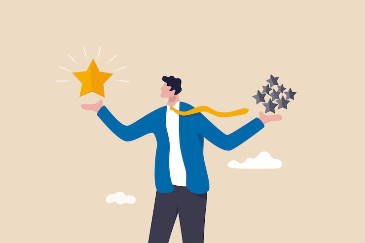 Vector calidad frente a cantidad, gestión para asegurar un resultado de trabajo excelente, actitud de trabajo para ofrecer un concepto de resultado superior, empresario inteligente con preciosas estrellas de alta calidad frente a otras estrellas ordinarias