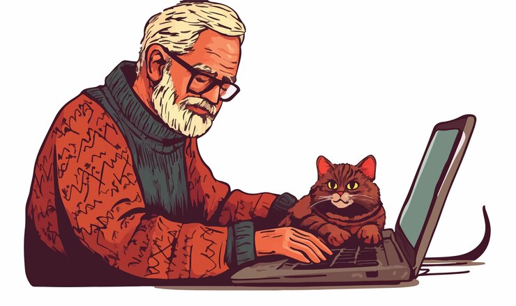 Vector la calidez de la sabiduría un anciano con un suéter acogedor mecanografiando