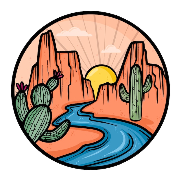 Vector cálido paisaje desértico con río, cactus, cañones y círculo al atardecer ilustración plana