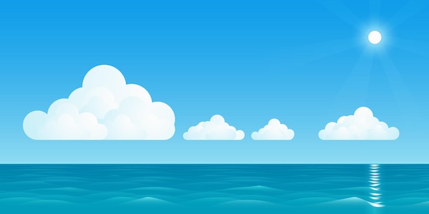 Vector cálido paisaje marino con el sol y las nubes ilustración vectorial