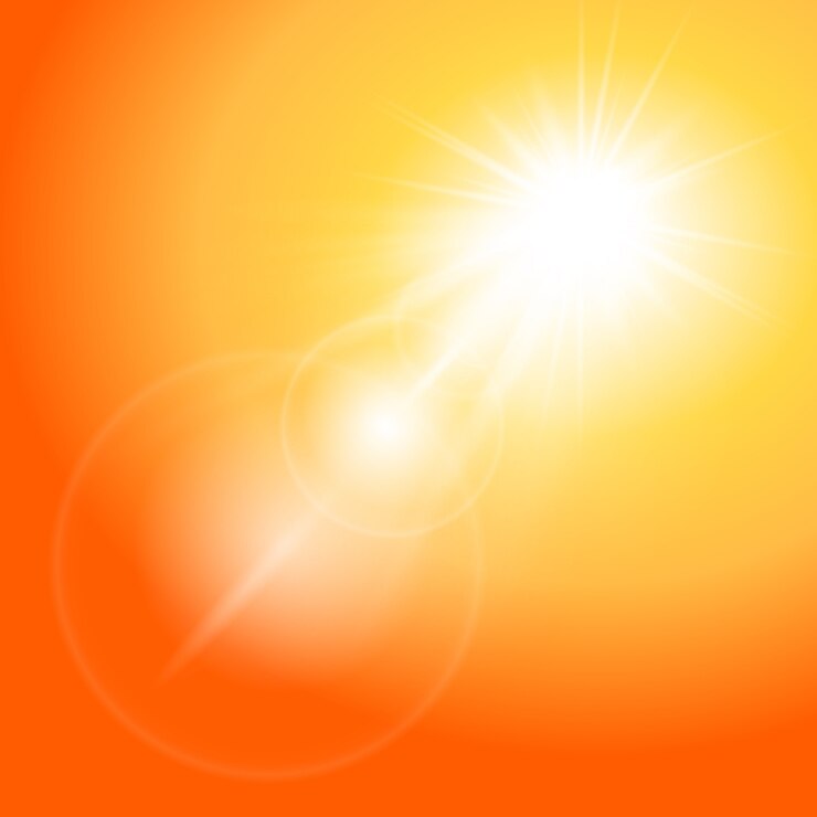 Vector cálido sol sobre un fondo amarillo. destello de luz solar. estrella blanca brillante con hermosos reflejos sobre un fondo naranja.