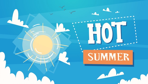 Caliente sol de vacaciones de verano en el cielo azul viajes Banner retro vacaciones en el mar