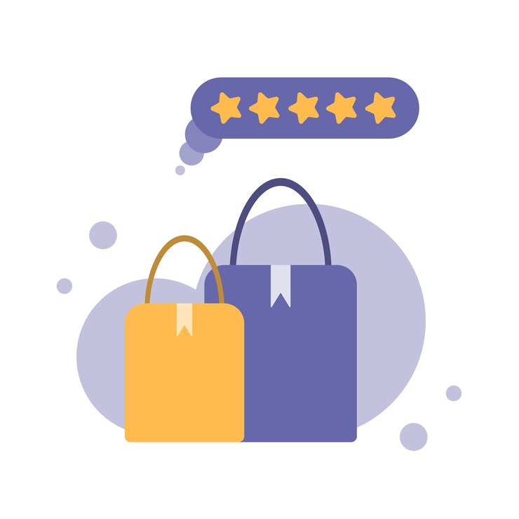 Vector calificación de la bolsa de compras con cinco estrellas para la mejor calificación de producto excelente para compras en línea