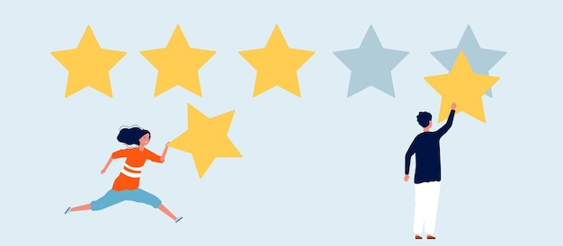 Calificación de cinco estrellas. Hombre mujer con estrella, comentarios. Ilustración de comunicación de marketing y redes sociales.