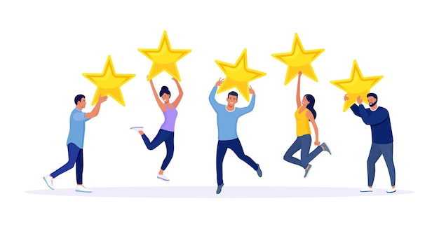 Calificación de cinco estrellas. Las personas que saltan felices tienen estrellas de revisión sobre sus cabezas. Calificación de la opinión del cliente, comentarios del cliente, nivel de satisfacción