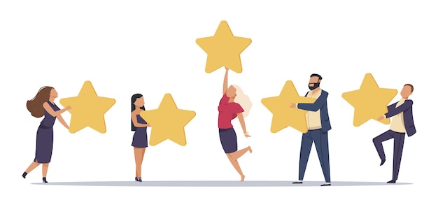 Calificación del cliente Personas planas con estrellas Revisión y concepto de retroalimentación mujeres y hombres dan calificación de redes sociales en el sitio web o en la aplicación ilustración de vector de servicio de opinión de clientes en línea