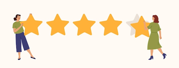 Calificación de estrellas Las chicas escriben estrellas tasa de revisión atención al cliente o servicio Vector abstracto para el contenido web de la aplicación de teléfono de la tienda en línea