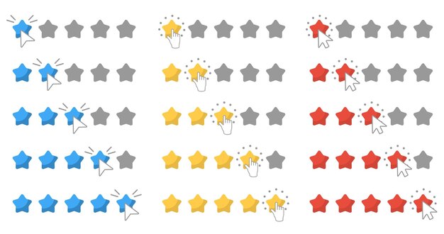 Calificación de estrellas con flecha de clic y mano en un diseño plano