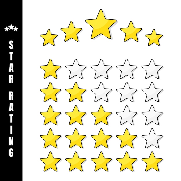 Calificación de estrellas. Ilustración de oro 5 estrellas en fondo blanco. El número de estrellas según la calificación. ilustración.