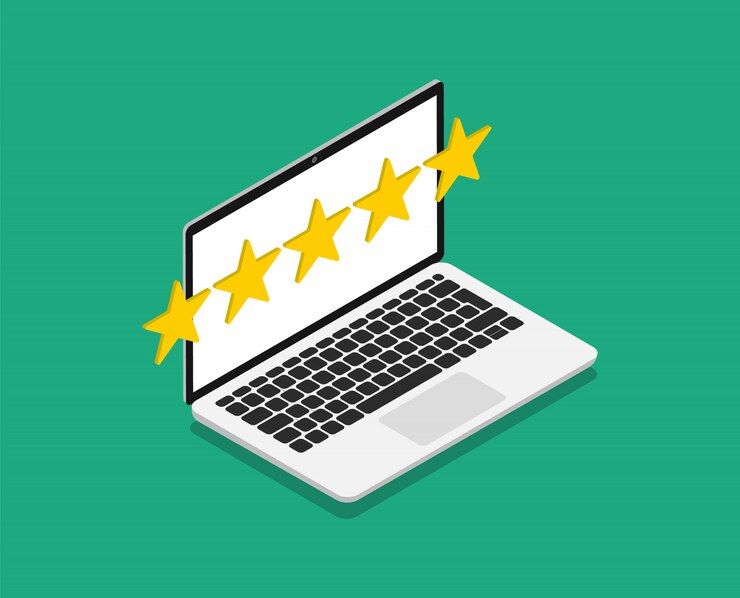 Vector calificación de estrellas. realimentación. revisión del cliente en la computadora portátil.
