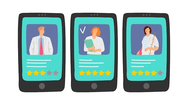 Calificación de médicos. Elija su médico en línea. Revisiones del personal médico, ilustración de calificación de cinco estrellas
