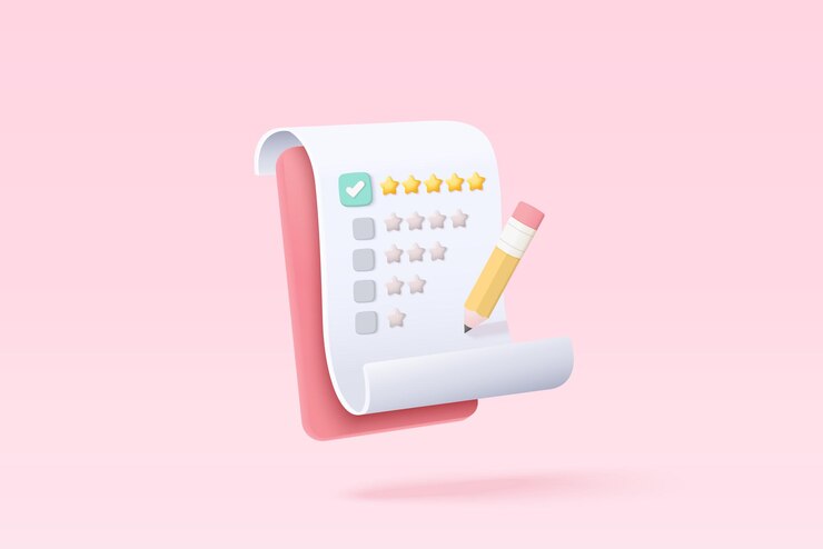 Vector calificación del portapapeles 3d cinco estrellas para la mejor calificación excelente 5 estrellas para la calificación del cliente de calidad concepto de retroalimentación tarea del portapapeles lista de verificación icono de revisión del producto ilustración de representación vectorial 3d