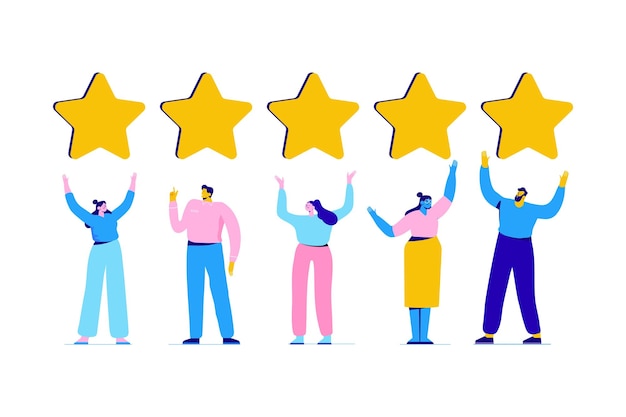 Calificación de revisión del cliente Diferentes personas dan calificación de revisión y comentarios Ilustración de vector plano