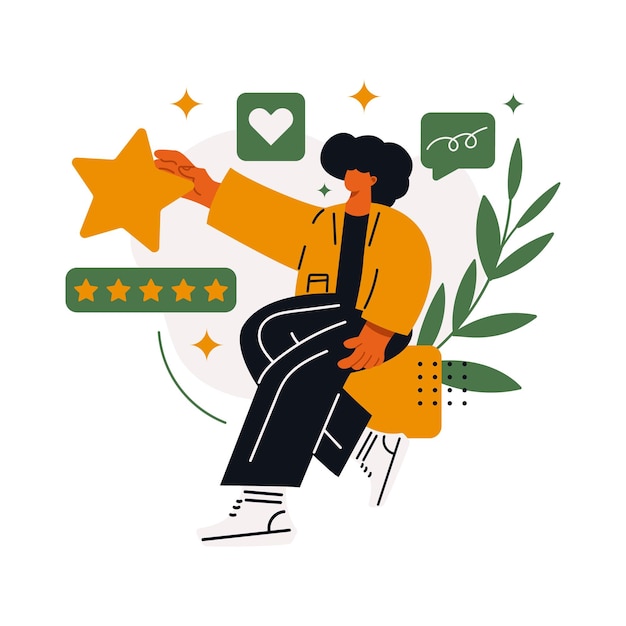 Calificación de revisión del cliente Las personas dan calificación de revisión y retroalimentación Ilustración de vector plano Elección del cliente Calificación de clasificación estrellas retroalimentación Ilustración de vector plano aislada sobre fondo blanco