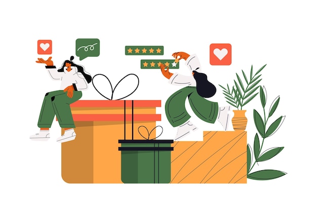 Calificación de revisión del cliente Las personas dan calificación de revisión y retroalimentación Ilustración de vector plano Elección del cliente Calificación de clasificación estrellas retroalimentación Ilustración de vector plano aislada sobre fondo blanco