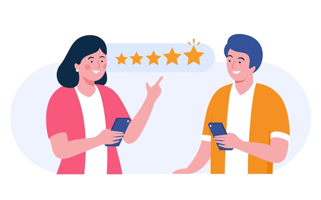 Calificarnos por 5 estrellas revisión del consumidor que apunta a cinco estrellas como resultado de calificación calificación del usuario o retroalimentación banner de ilustración de vector plano