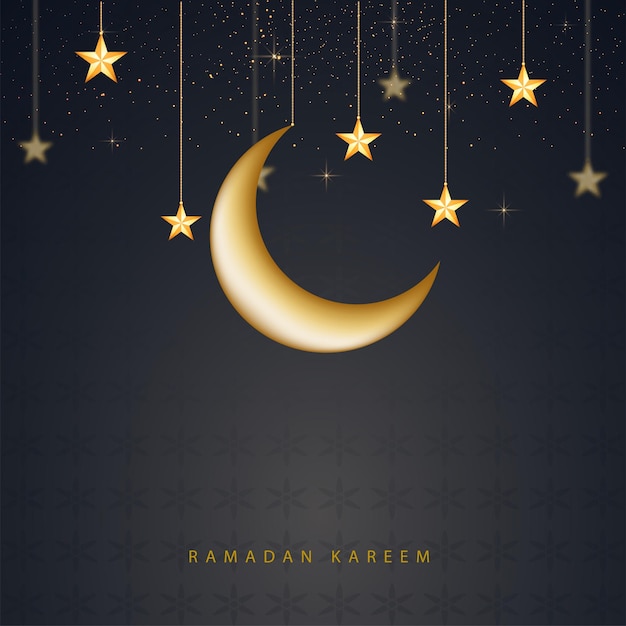 Caligrafía árabe dorada de ramadán kareem con estrellas de luna creciente brillante colgando sobre fondo de efecto de luz gris