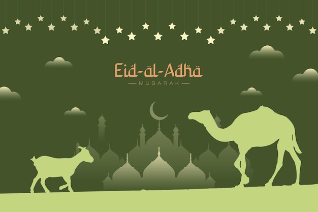 Caligrafía árabe de Eid Al Adha con silueta de camello y cabra o diseño de saludo islámico de mezquita