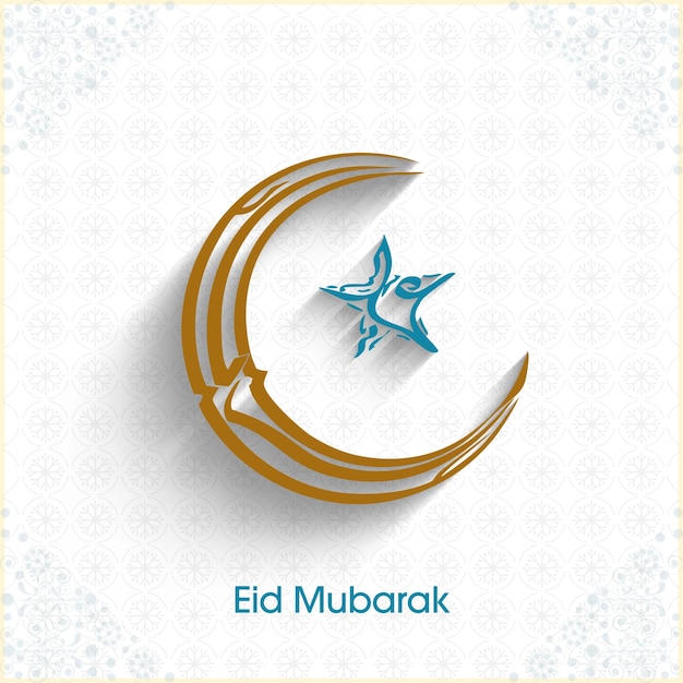 Vector caligrafía árabe de eid mubarak en luna creciente con forma de estrella y esquina de motivo sobre fondo de patrón de mandala blanco