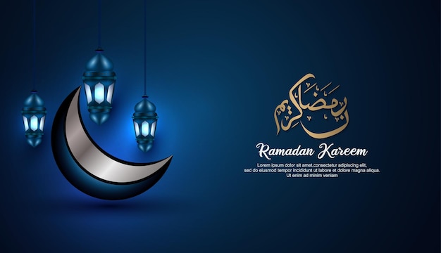 Caligrafía árabe de ramadan kareem, con luna azul y linterna