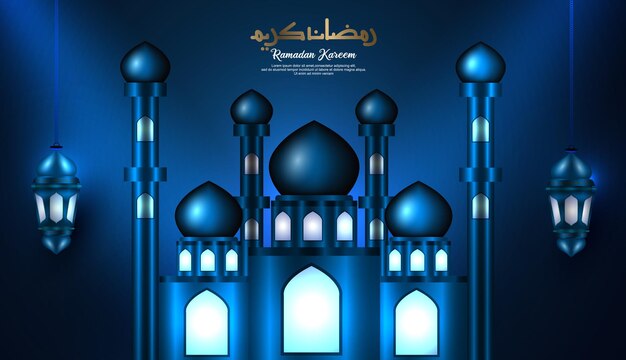 Vector caligrafía árabe de ramadan kareem con mezquita.