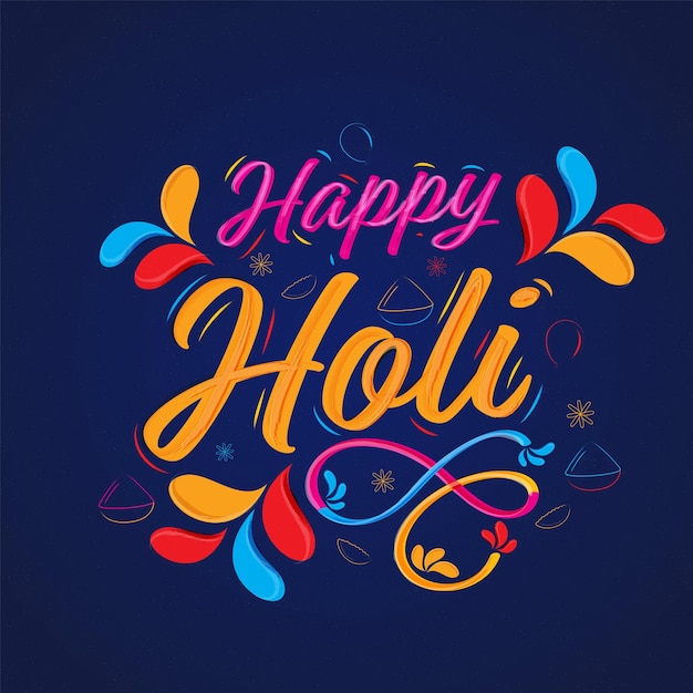Caligrafía Happy Holi con gotas de arco de colores y cuencos Gulal de polvo de arte lineal sobre fondo azul
