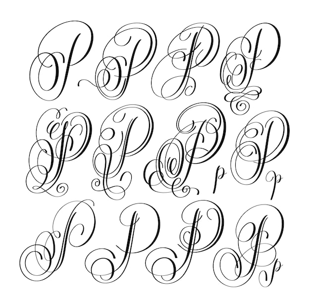 Caligrafía letras script fuente P set escrito a mano