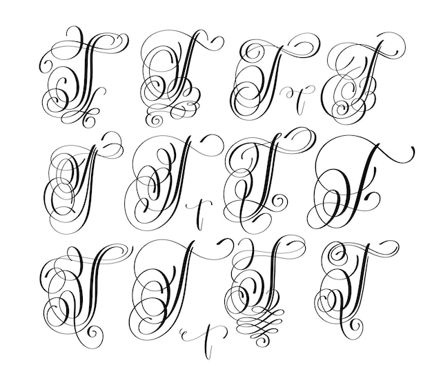 Vector caligrafía letras script fuente t set escrito a mano