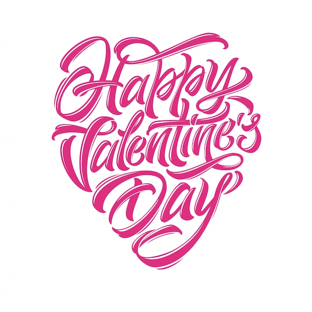 Caligrafía de pincel moderno en la felicitación del día de San Valentín. Tipografía Happy Valentine's Day en forma de corazón. Ilustración sobre fondo blanco. EPS 10.
