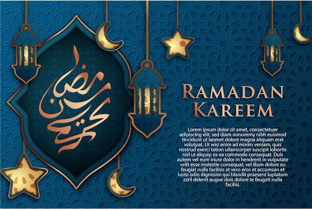 Caligrafía de ramadan kareem con arabesco azul y pancarta colgante de fanoos vector premium