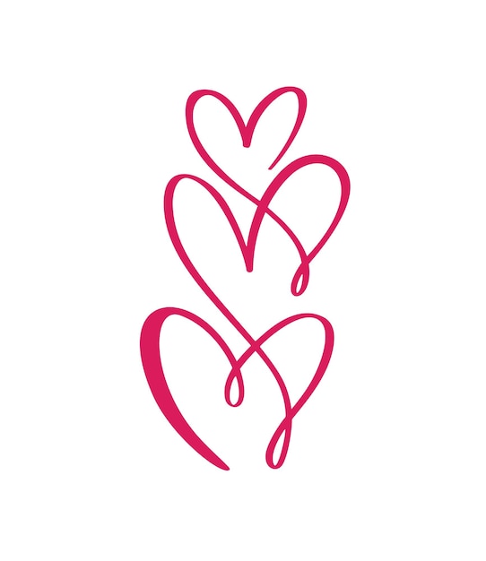 Caligrafía roja tres amantes corazones Icono dibujado a mano logo vector familia día de san valentín Decoración para tarjeta de felicitación