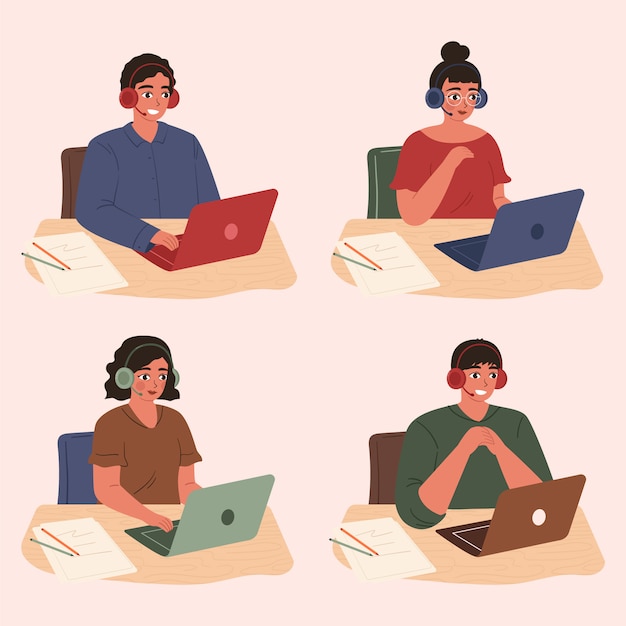 Call center, línea directa ilustraciones planas. Sonriendo oficinistas con auriculares personajes de dibujos animados. Personal del departamento de atención al cliente, agentes de telemarketing. Equipo multiétnico y diverso.