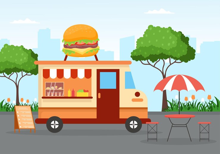 Vector calle al aire libre y camión de comida que sirve comida rápida como pizza o hamburguesa en ilustración plana