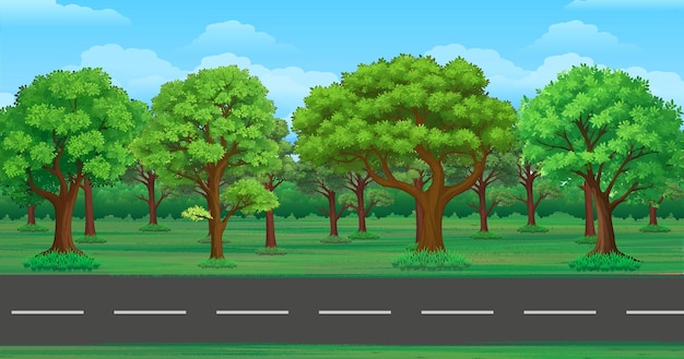 Una calle con árboles y una carretera con muchos árboles de fondo de ilustración