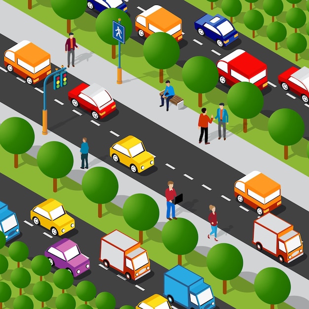 Calle de la avenida de la carretera isométrica Ilustración 3D del barrio de la ciudad con personas