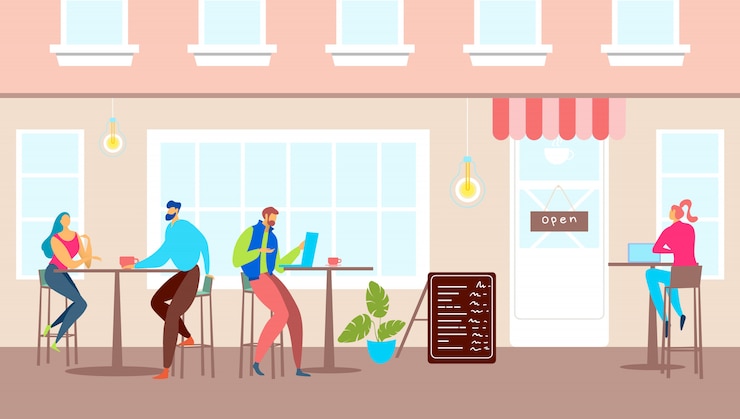 Vector calle café exterior, ilustración de arquitectura de la ciudad. carácter de personas fuera del restaurante de dibujos animados, mesas al aire libre para hombre