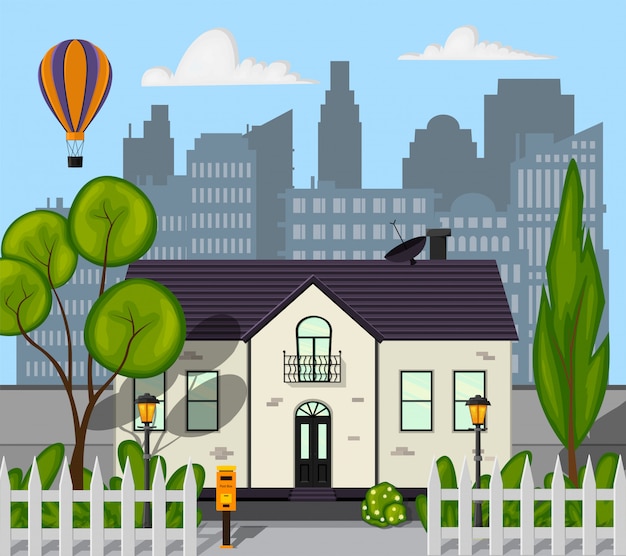 Calle de la ciudad con una casa nueva de un piso. Estilo de dibujos animados. ilustración.