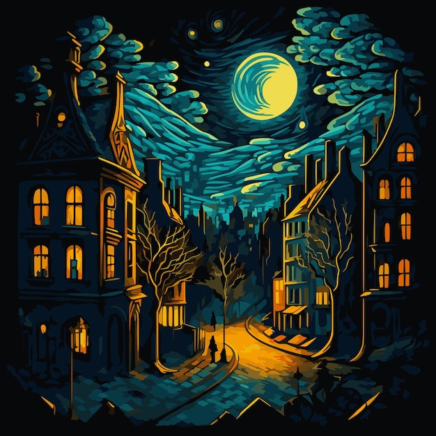 vestido carro Rechazar Calle de la ciudad de noche. imitación del estilo de pintura de vincent van gogh. | Vector Premium vestido carro Rechazar Calle de la ciudad de noche. imitación del estilo de pintura de vincent van gogh. | Vector Premium