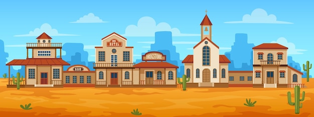 Calle de la ciudad occidental Paisaje del salvaje oeste de dibujos animados con viejos edificios de madera Escena de la ciudad rural con casas de salón de vaquero del hotel del banco Ilustración vectorial