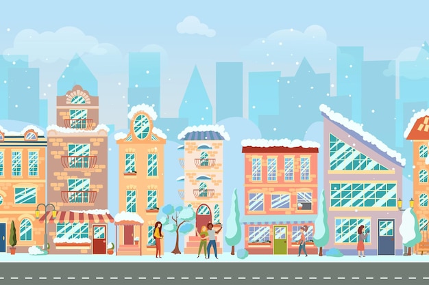 Calle de la ciudad Paisaje urbano panorámico con casas luminosas caminando peatones nieve Tiendas y tiendas Ciudad de invierno Ilustración vectorial en estilo de dibujos animados